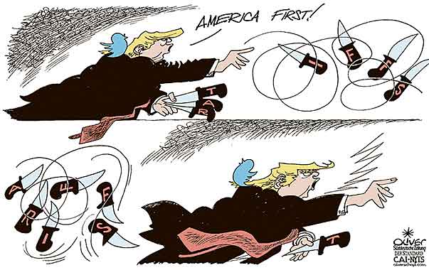Oliver Schopf, editorial cartoons from Austria, cartoonist from Austria, Austrian illustrations, illustrator from Austria, editorial cartoon Donald Trump president of the united states of america 2018 USA TRUMP TWITTER TARIFFS TRADEWAR STEEL ALUMINUM CARS KNIVES KNIVE THROWER AMERICA FIRST       

