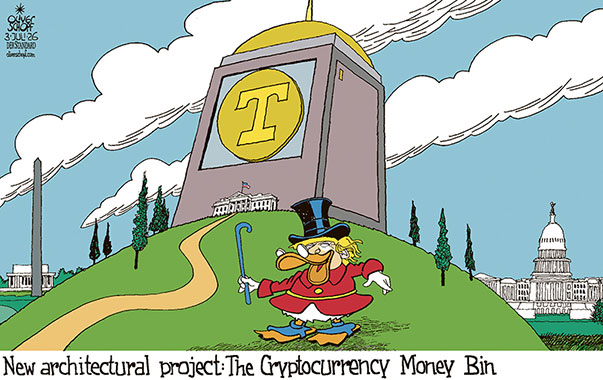Oliver Schopf, editorial cartoons from Austria, cartoonist from Austria, Austrian illustrations, illustrator from Austria, editorial cartoon politics politician International, Cartoon Movement, @oliverschopf.bsky.social 2026: USA TRUMP CRYPTOCURRENCY PROFITS BILLIONS WASHINGTON DC ARCHITECTURE TRIUMPHAL ARCH BALLROOM UNCLE SCROOGE MONEY BIN VAULT 
 

 




 





 




























