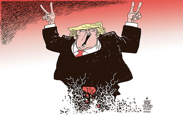 Oliver Schopf, editorial cartoons from Austria, cartoonist from Austria, Austrian illustrations, illustrator from Austria, editorial cartoon politics politician International, Politico, Cartoon Arts International, 2020: USA PRESIDENTIAL ELECTIONS TRUMP BIDEN VOTES COUNTING WINNER LOSER VICTORY REPUBLICANS RED CRUMBLING  
