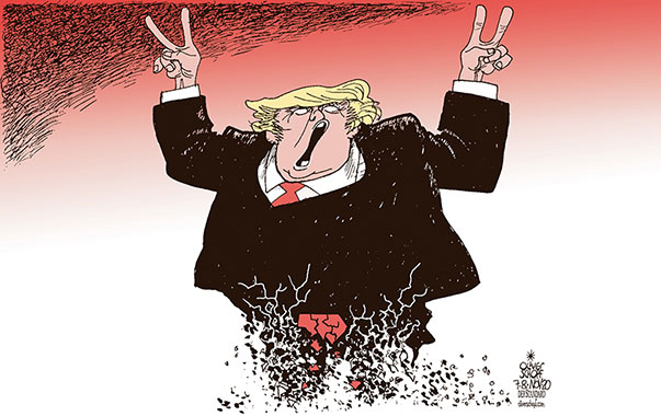 Oliver Schopf, editorial cartoons from Austria, cartoonist from Austria, Austrian illustrations, illustrator from Austria, editorial cartoon politics politician International, Politico, Cartoon Arts International, 2020: USA PRESIDENTIAL ELECTIONS TRUMP BIDEN VOTES COUNTING WINNER LOSER VICTORY REPUBLICANS RED CRUMBLING  

