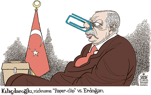 Oliver Schopf, editorial cartoons from Austria, cartoonist from Austria, Austrian illustrations, illustrator from Austria, editorial cartoon politics politician International, Cartoon Movement, CartoonArts International 2023: TURKEY ELECTIONS PARLIAMENT PRESIDENT ERDOGAN KILICDAROGLU PAPER-CLIP AUTOCRAT FLAG NOSE JA CLAMP    

