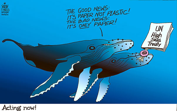 Oliver Schopf, editorial cartoons from Austria, cartoonist from Austria, Austrian illustrations, illustrator from Austria, editorial cartoon politics politician International, Cartoon Arts International, 2023: UNO UN HIGH SEAS TREATY PROTECTION WHALE PAPER PLASTIC ACT ACTING DEEP OCEAN 
