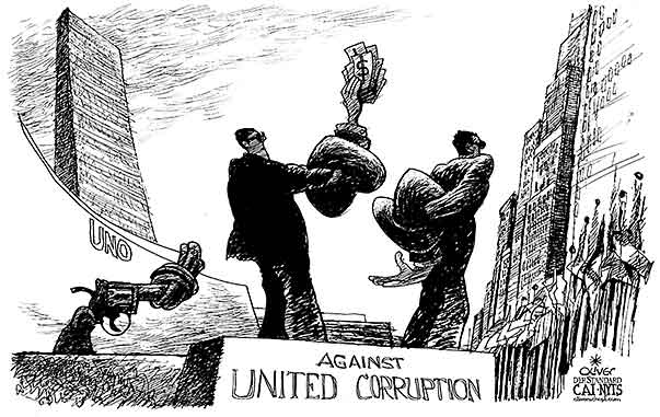 Oliver Schopf, editorial cartoons from Austria, cartoonist from Austria, Austrian illustrations, illustrator from Austria, editorial cartoon 2010 UNO NEW YORK CORRUPTION BRIBERY JOHN ASHE GENERAL ASSEMBLY GUN KNOT MONEY MONUMENT   
