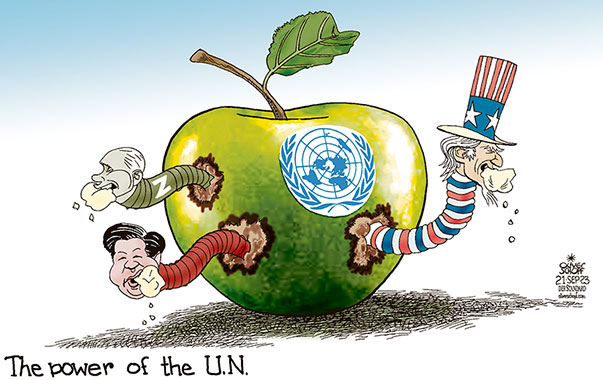 Oliver Schopf, editorial cartoons from Austria, cartoonist from Austria, Austrian illustrations, illustrator from Austria, editorial cartoon politics politician International, Cartoon Movement, CartoonArts International 2023: UNO UN UNITED NATIONS GENERAL ASSEMBLY SECURITY COUNCIL VETO POWER USA CHINA RUSSIA UNCLE SAM XI JINPING PUTIN ROTTEN APPLE WORM WORM-EATEN
