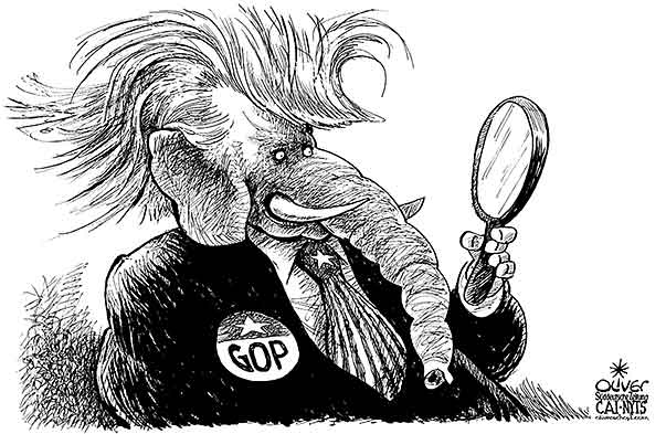 Oliver Schopf, editorial cartoons from Austria, cartoonist from Austria, Austrian illustrations, illustrator from Austria, editorial cartoon politics politician International, Cartoon Arts International, New York Times Syndicate, Cagle cartoon 2015 USA USA PRESIDENT ELECTIONS 2016 GOP REPUBLICANS ELEFANT DONALD TRUMP HAIR MIRROR   

