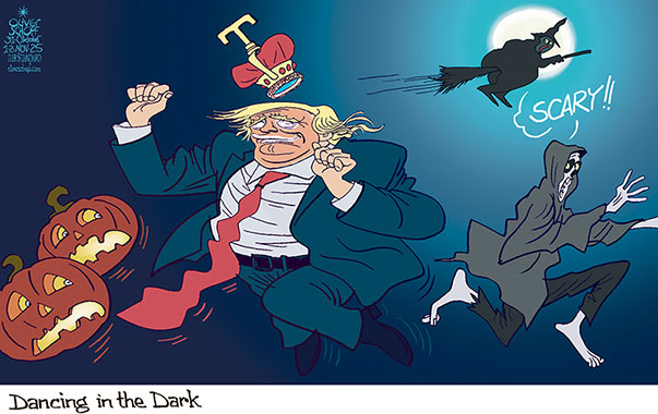 Oliver Schopf, editorial cartoons from Austria, cartoonist from Austria, Austrian illustrations, illustrator from Austria, editorial cartoon politics politician International, Cartoon Movement, @oliverschopf.bsky.social 2025: USA TRUMP HALLOWEEN DANCING IN THE DARK PUMPKIN SCARY GHOST FULL MOON




 




























