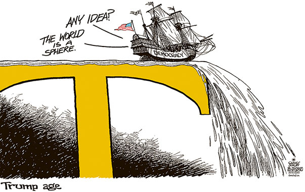 Oliver Schopf, editorial cartoons from Austria, cartoonist from Austria, Austrian illustrations, illustrator from Austria, editorial cartoon politics politician International, Politico, Cartoon Arts International, 2020 : USA DEMOCRACY TRUMP AGE WORLD EDGE SPHERE FLAT SAILING VESSEL SHIP FRIGATE    





