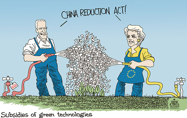 Oliver Schopf, editorial cartoons from Austria, cartoonist from Austria, Austrian illustrations, illustrator from Austria, editorial cartoon politics politician International, Cartoon Arts International, 2023: USA EU BIDEN VON DER LEYEN IRA INFLATION REDUCTION ACT SUBSIDIES CHINA ECONOMY TRADE PRODUCTION GARDEN WATER MONEY GREEN TECHNOLOGIES 


