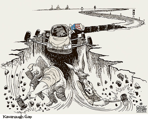 Oliver Schopf, editorial cartoons from Austria, cartoonist from Austria, Austrian illustrations, illustrator from Austria, editorial cartoon politics politician International, Cartoon Arts International, New York Times Syndicate, 2018 : USA BRETT KAVANAUGH JUDGE SUPREME COURT OF JUSTICE SENATE HEARING GOP DEMOCRATS UNCLE SAM GAB DITCH  
