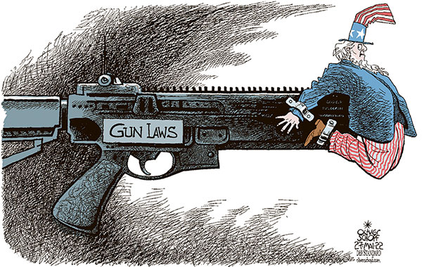 Oliver Schopf, editorial cartoons from Austria, cartoonist from Austria, Austrian illustrations, illustrator from Austria, editorial cartoon politics politician International, Cartoon Arts International, 2022: USA WEAPONS GUNS RIFLES LAWS TEXAS UVALDE UNCLE SAM ENCHAINED CHAIN 

