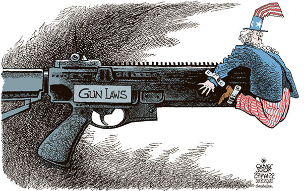 Oliver Schopf, editorial cartoons from Austria, cartoonist from Austria, Austrian illustrations, illustrator from Austria, editorial cartoon politics politician International, Cartoon Arts International, 2022: USA WEAPONS GUNS RIFLES LAWS TEXAS UVALDE UNCLE SAM ENCHAINED CHAIN 




