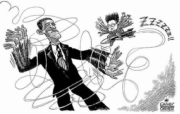 Oliver Schopf, editorial cartoons from Austria, cartoonist from Austria, Austrian illustrations, illustrator from Austria, editorial cartoon world 2009: USA north korea us president Obama, kim jong il, rocket, fly atomic weapons small like an insect politician politicians
