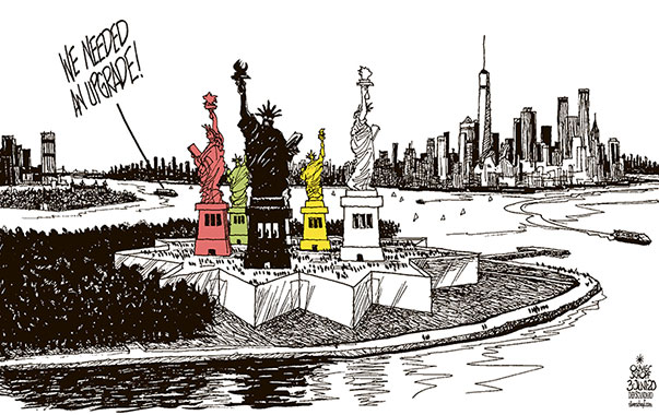 Oliver Schopf, editorial cartoons from Austria, cartoonist from Austria, Austrian illustrations, illustrator from Austria, editorial cartoon politics politician International, Politico, Cartoon Arts International, 2020: USA RACE RACISM VIOLENCE GEORGE FLOYD POLICE STATUE OF LIBERTY ISLAND NEW YORK UPGRADE    
