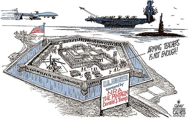 Oliver Schopf, editorial cartoons from Austria, cartoonist from Austria, Austrian illustrations, illustrator from Austria, editorial cartoon politics politician International, Cartoon Arts International, New York Times Syndicate, 2018: USA FLORIDA PARKLAND HIGH SCHOOL SHOOTING GUNS ARM TEACHER NRA TRUMP PENTAGON DEFENCE FORT JEFFERSON AIRCRAFT CARRIER WAR   
