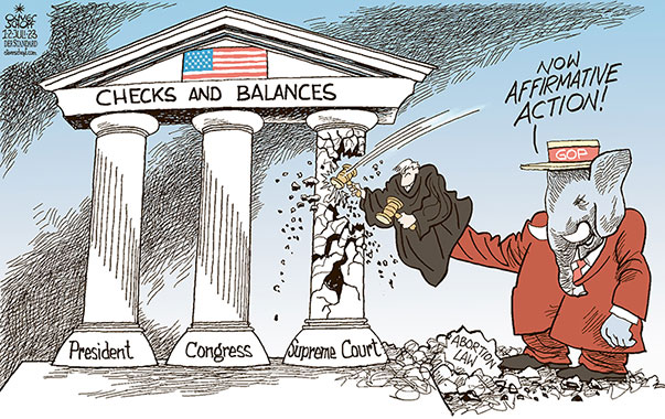 Oliver Schopf, editorial cartoons from Austria, cartoonist from Austria, Austrian illustrations, illustrator from Austria, editorial cartoon politics politician International, Cartoon Movement, CartoonArts International 2023: USA SUPREME COURT AFFIRMATIVE ACTION ABORTION LAW REPUBLICANS ELEFANT GOP PUPPET CHECKS AND BALANCES PILLAR COLUMN PRESIDENT CONGRESS DEMOLISH





