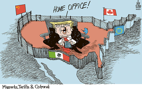 Oliver Schopf, editorial cartoons from Austria, cartoonist from Austria, Austrian illustrations, illustrator from Austria, editorial cartoon politics politician International, Politico, Cartoon Arts International, 2020 : USA TRUMP AMERICA FIRST WALL BORDER CORONAVIRUS HOME OFFICE CHINA MEXICO CANADA MIGRANTS TARIFFS COVID 19    
