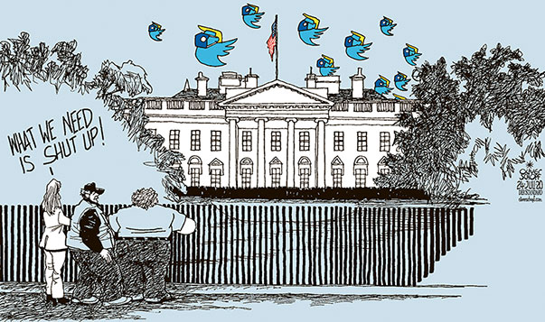 Oliver Schopf, editorial cartoons from Austria, cartoonist from Austria, Austrian illustrations, illustrator from Austria, editorial cartoon politics politician International, Politico, Cartoon Arts International, 2020: CORONAVIRUS CRISIS TRUMP USA WHITE HOUSE FACE MASK TWEET TWITTER SHUT DOWN SHUT UP PENNSYLVANIA AVENUE   
