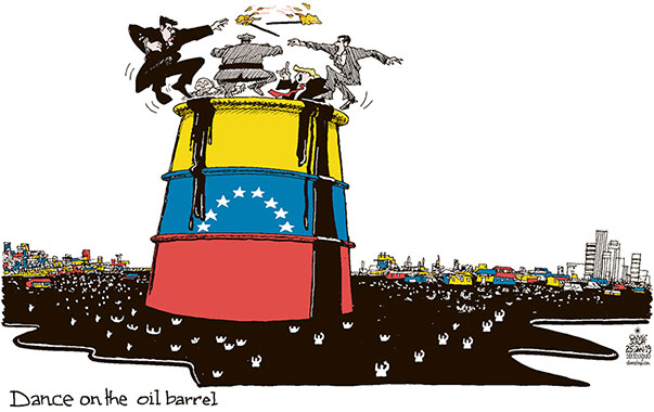 Oliver Schopf, editorial cartoons from Austria, cartoonist from Austria, Austrian illustrations, illustrator from Austria, editorial cartoon Middle and South America 2019 VENEZUELA MADURO JUAN GUAIDÓ OIL BARREL EXPLOSIVE DANCE VOLCANO POOR  
