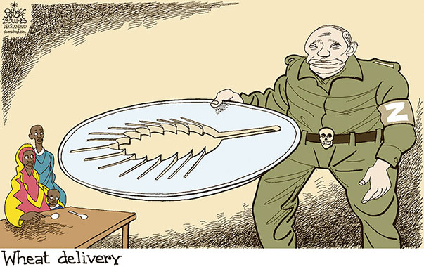 Oliver Schopf, editorial cartoons from Austria, cartoonist from Austria, Austrian illustrations, illustrator from Austria, editorial cartoon politics politician International, Cartoon Movement, CartoonArts International 2023: UKRAINE WHEAT GRAIN DELIVERY PUTIN HUNGER FOOD AFRICA DISH PLATE EMPTY









