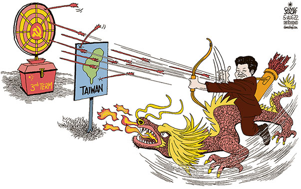 Oliver Schopf, editorial cartoons from Austria, cartoonist from Austria, Austrian illustrations, illustrator from Austria, editorial cartoon politics politician International, Cartoon Arts International, 2022: CHINA XI JINPING TAIWAN COMMUNIST PARTY THIRD TERM DRAGON BOW ARROW TARGET AIM  
 

