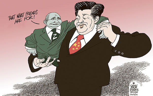 Oliver Schopf, editorial cartoons from Austria, cartoonist from Austria, Austrian illustrations, illustrator from Austria, editorial cartoon politics politician International, Cartoon Arts International, 2022: XI JINPING PUTIN USBEKISTAN SAMARKAND SUMMIT SHANGHAI COOPERATION ORGANIZATION SCO FRIENDS FRIENDSHIP THAT WHAT FRIENDS ARE FOR


