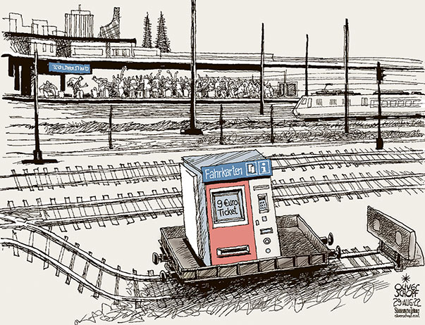 Oliver Schopf, politischer Karikaturist aus Österreich, politische Karikaturen aus Österreich, Karikatur Cartoon Illustrationen Politik Politiker Deutschland, Süddeutsche Zeitung, Seite 4, Meinung, 2022: 
NEUN EURO TICKET 9 BAHNHOF FAHRKARTEN AUTOMAT ABSTELLGLEIS GLEISE BAHNSTEIG ZUG ÖPNV FAHRGÄSTE 



