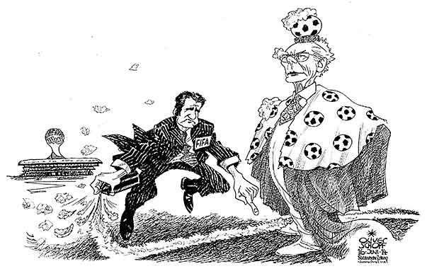  Oliver Schopf, politischer Karikaturist aus Österreich, politische Karikaturen, Illustrationen Archiv politische Karikatur Deutschland:   2014 FIFA KAISER FRANZ BECKENBAUER ETHIK KOMMISSION MICHAEL GARCIA FREISTOSSSPRAY LINIE FUSSBALL WM BRASILIEN  