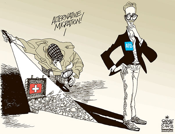  Oliver Schopf, politischer Karikaturist aus Österreich, politische Karikaturen, Illustrationen Archiv politische Karikatur Deutschland: 2018 AFD ALICE WEIDEL SPENDEN GELD PARTEIENFINANZIERUNG SCHWEIZ KONTEN GELDKOFFER SCHATTEN LICHT DURCHLEUCHTEN ALTERNATIVE MIGRATION  
 