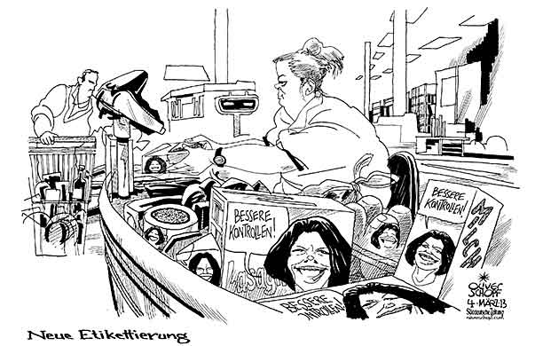 Oliver Schopf, politischer Karikaturist aus Österreich, politische Karikaturen aus Österreich, Karikatur Illustrationen Politik Politiker Europa 2013 AIGNER ILSE LANDWIRTSCHAFTSMINISTERIN LEBENSMITTEL PFERDEFLEISCH EIER SCHIMMELPILZ FUTTERMITTEL MAIS SUPERMARKT ETIKETTIERUNG WARENKORB