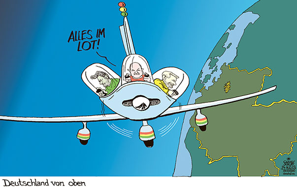 Oliver Schopf, politischer Karikaturist aus Österreich, politische Karikaturen aus Österreich, Karikatur Cartoon Illustrationen Politik Politiker Deutschland 2023: REGIERUNG AMPEL KOALITION SPD FDP DIE GRÜNEN SCHOLZ HABECK LINDNER FLUGZEUG FLIEGEN IM LOT DEUTSCHLAND VON OBEN






