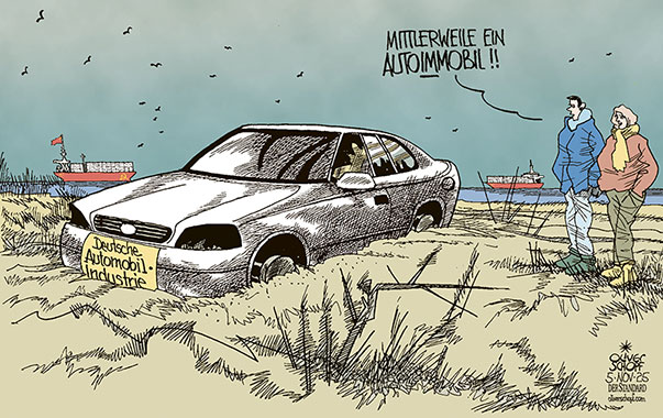 Oliver Schopf, politischer Karikaturist aus Österreich, politische Karikaturen aus Österreich, Karikatur Cartoon Illustrationen Politik Politiker Deutschland @oliverschopf.bsky.social 2025: AUTO KAROSSERIE  AUTOMOBIL INDUSTRIE AM SAND STRAND IMMOBILIE CHINA KONKURRENZ CONTAINERSCHIFF WETTBEWERB 
















