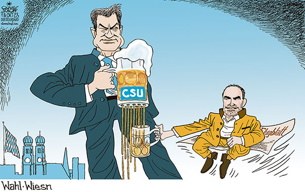 Oliver Schopf, politischer Karikaturist aus Österreich, politische Karikaturen aus Österreich, Karikatur Cartoon Illustrationen Politik Politiker Deutschland 2023: BAYERN LANDTAGSWAHLEN MARKUS SÖDER CSU HUBERT AIWANGER FREIE WÄHLER ANTISEMITISCHES FLUGBLATT FLUGBLATTAFFÄRE WIESN BIER BIERKRUG UNDICHT 





