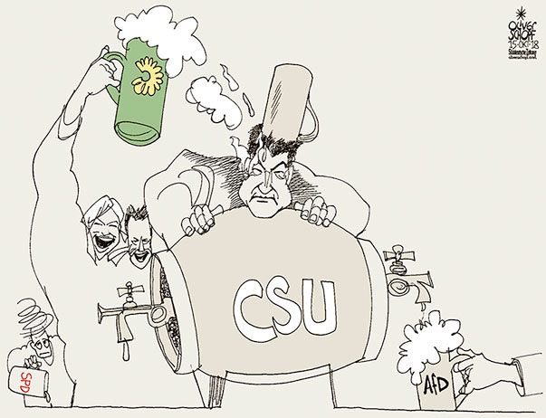  Oliver Schopf, politischer Karikaturist aus Österreich, politische Karikaturen, Illustrationen Archiv politische Karikatur Deutschland 2018 BAYERN LANDTAGSWAHLEN ERGEBNIS CSU DIE GRÜNEN SPD AfD KATHARINA SCHULZE LUDWIG HARTMANN MARKUS SÖDER BIER ANZAPFEN ZAPFEN FASS MASS  
 