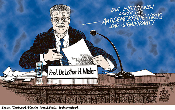 Oliver Schopf, politischer Karikaturist aus Österreich, politische Karikaturen aus Österreich, Karikatur Cartoon Illustrationen Politik Politiker Deutschland Süddeutsche Zeitung Der Standard 2020: BERLIN DEMO CORONA MASSNAHMEN BUNDESTAG STÜRMEN DEMOKRATIE VIRUS ROBERT KOCH INSTITUT LOTHAR WIELER BRIEFING PRESSEKONFERENZ  


 