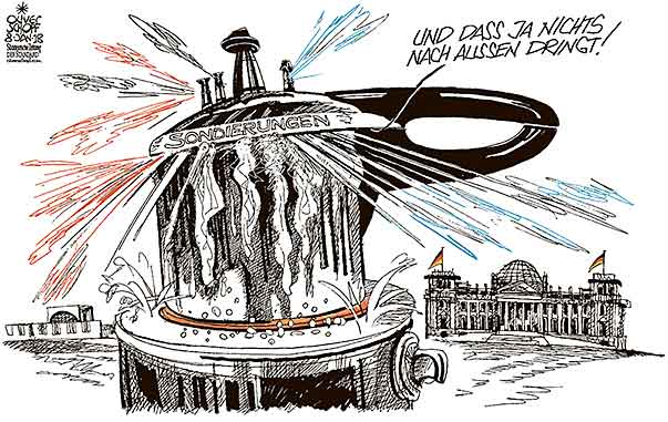 Oliver Schopf, politischer Karikaturist aus Österreich, politische Karikaturen aus Österreich, Karikatur Cartoon Illustrationen Politik Politiker Deutschland 2018 BERLIN SONDIERUNGSGESPRÄCHE CDU CSU SPD DRUCKKOCHTOPF NACHRICHTENSPERRE KANZLERAMT BUNDESTAG SPRITZEN ZISCHEN  


