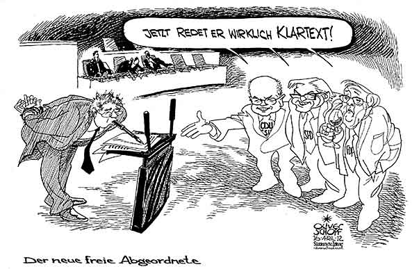 Oliver Schopf, politischer Karikaturist aus Österreich, politische Karikaturen aus Österreich, Karikatur Illustrationen Politik Politiker Deutschland 2012 BUNDESTAG REDE BERLIN PARLAMENT ABGEORDNETER CDU CSU SPD FDP KAUDER STEINMEIER BRUEDERLE