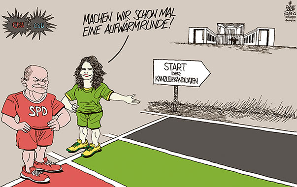 Oliver Schopf, politischer Karikaturist aus Österreich, politische Karikaturen aus Österreich, Karikatur Cartoon Illustrationen Politik Politiker Deutschland 2021: KANZLERKANDIDATEN ANNALENA BAERBOCK OLAF SCHOLZ DIE GRÜNEN SPD LAUFEN SPRINT LAUFSPORT CDU CSU KRACH CHAOS BUNDESKANZLERAMT BERLIN
