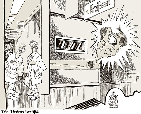 Oliver Schopf, politischer Karikaturist aus Österreich, politische Karikaturen aus Österreich, Karikatur Cartoon Illustrationen Politik Politiker Deutschland Süddeutsche Zeitung, Seite 4, 2021: CDU CSU UNION KANZLERKANDIDAT K-FRAGE LASCHET SÖDER KREISSSAAL GEBURT SIAMESISCHER ZWILLING DUELL DER BERG KREISST

 