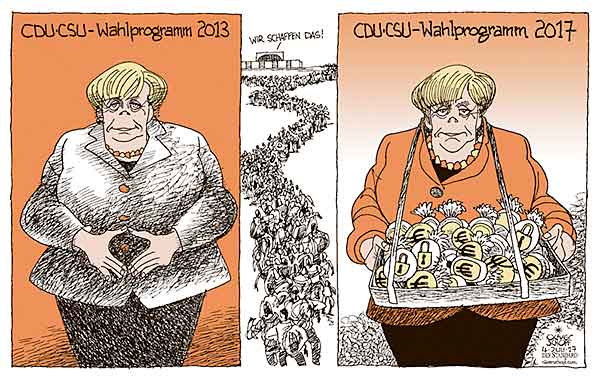 Oliver Schopf, politischer Karikaturist aus Österreich, politische Karikaturen aus Österreich, Karikatur Cartoon Illustrationen Politik Politiker Deutschland 2017 CDU CSU ANGELA MERKEL WAHLPROGRAMM MERKELRAUTE WAHLZUCKERL STEUERN BAUCHLADEN FLÜCHTLINGE WIR SCHAFFEN DAS 
