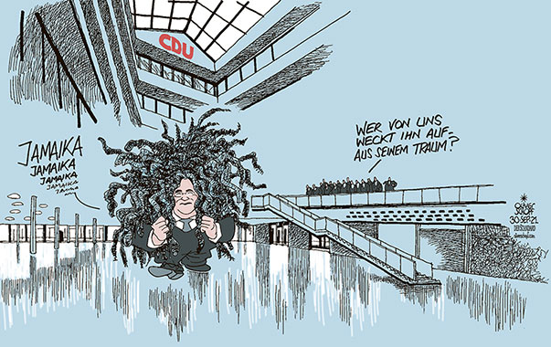 Oliver Schopf, politischer Karikaturist aus Österreich, politische Karikaturen aus Österreich, Karikatur Cartoon Illustrationen Politik Politiker Deutschland 2021: BUNDESTAGSWAHL CDU CSU UNION ARMIN LASCHET KONRAD ADENAUER HAUS ZUKUNFTSKOALITION JAMAIKA DREADLOCKS HAARE TRAUM AUFWECKEN




