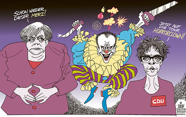 Oliver Schopf, politischer Karikaturist aus Österreich, politische Karikaturen aus Österreich, Karikatur Cartoon Illustrationen Politik Politiker Deutschland 2019: CDU MERKEL AKK ANNEGRET KARAMP KARRENBAUER FRIEDRICH MERZ KRITIK HALLOWEEN HORROR CLOWN MACHTKAMPF


