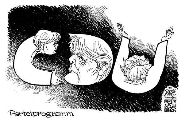 Oliver Schopf, politischer Karikaturist aus Österreich, politische Karikaturen aus Österreich, Karikatur Illustrationen Politik Politiker Deutschland 2012 CDU PARTEITAG HANNOVER MERKEL ANGELA PARTEIPROGRAMM WAHLKAMPF KANZLERIN SPITZENKANDIDATIN