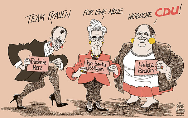 Oliver Schopf, politischer Karikaturist aus Österreich, politische Karikaturen aus Österreich, Karikatur Cartoon Illustrationen Politik Politiker Deutschland 2021: CDU PARTEI VORSITZ KANDIDATEN FRIEDRICH MERZ NORBERT RÖTTGEN HELGE BRAUN FRAUEN QUOTE TEAM WEIBLICH MODE ZUKUNFT 








