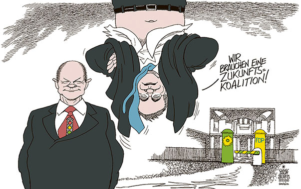 Oliver Schopf, politischer Karikaturist aus Österreich, politische Karikaturen aus Österreich, Karikatur Cartoon Illustrationen Politik Politiker Deutschland 2021: BUNDESTAGSWAHL SIEGER VERLIERER SSPD CDU CSU BÜNDNIS 90 DIE GRÜNEN FDP OLAF SCHOLZ ARMIN LASCHET BUNDESKANZLERAMT BERLIN PORTIER 




