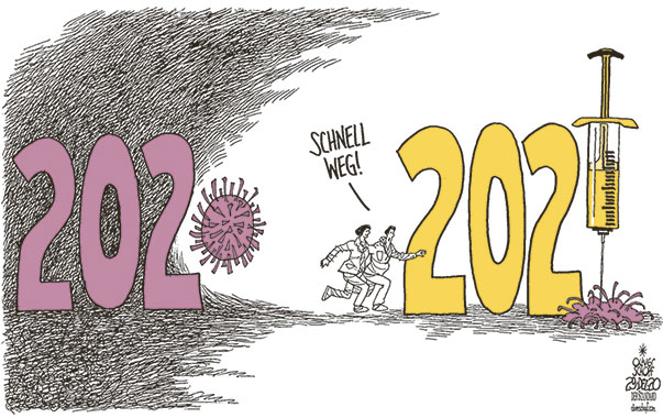 Oliver Schopf, politischer Karikaturist aus Österreich, politische Karikaturen aus Deutschland, Karikatur Cartoon Illustrationen Politik Politiker Deutschland, 2020 2021: CORONAVIRUS KRISE SARS-CoV-2 COVID-19 JAHRESWECHSEL PANDEMIE IMPFEN IMPFSTOFF
BIONTECH PFIZER HOFFNUNG JAHRESZAHLEN


 