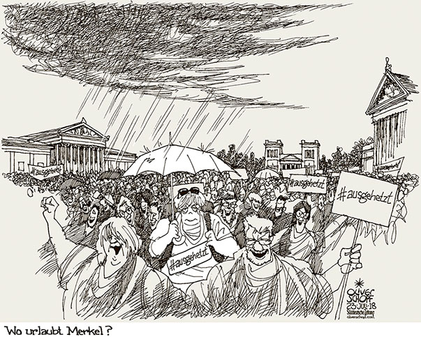  Oliver Schopf, politischer Karikaturist aus Österreich, politische Karikaturen, Illustrationen Archiv politische Karikatur Deutschland 2018 CSU DEMO #AUSGEHETZT MÜNCHEN KÖNIGSPLATZ MERKEL URLAUB REGEN SCHIRM

 