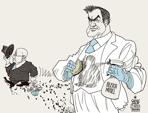 Oliver Schopf, politischer Karikaturist aus Österreich, politische Karikaturen aus Österreich, Karikatur Cartoon Illustrationen Politik Politiker Deutschland, Süddeutsche Zeitung, Seite 4, 2021: CSU BAYERN MARKUS SÖDER ALFRED SAUTER MASKEN DEAL KORRUPTION PARTEIÄMTER VERZICHT WEISSE WESTE SCHMUTZ REINEMACHEN BLEICHMITTEL SAUBERMANN 
 