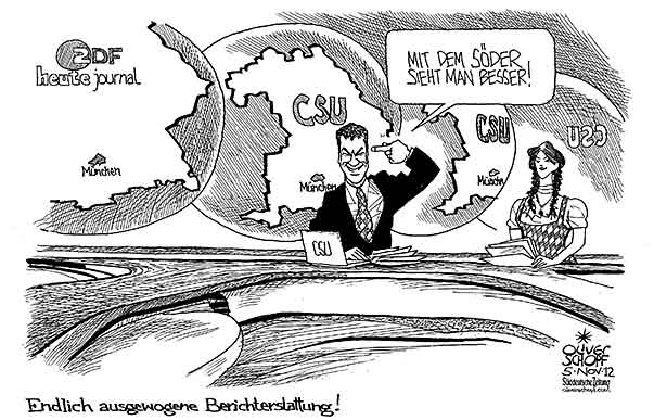  Oliver Schopf, politischer Karikaturist aus Österreich, politische Karikaturen, Illustrationen Archiv politische Karikatur Deutschland 2012 CSU SOEDER MARKUS ZDF HEUTE-JOURNAL MODERATOR NACHRICHTEN BERICHTERSTATTUNG MIT DEM ZWEITEN SIEHT MAN BESSER EINFLUSSNAHME

 