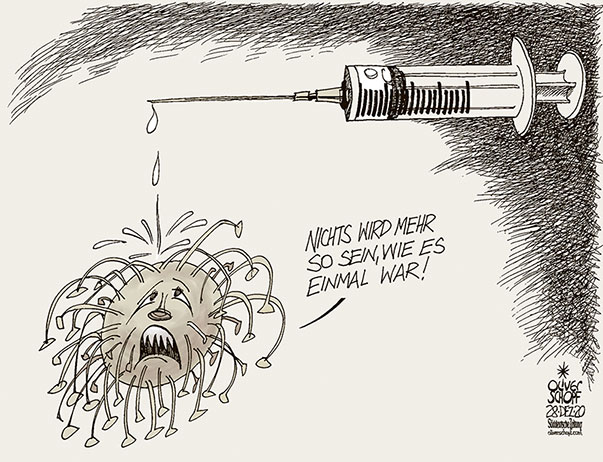 Oliver Schopf, politischer Karikaturist aus Österreich, politische Karikaturen aus Deutschland, Karikatur Cartoon Illustrationen Politik Politiker Deutschland, 2020: CORONAVIRUS KRISE SARS-CoV-2 COVID-19 IMPFUNG IMPFEN SPRITZE BIONTECH PFIZER NICHTS WIRD MEHR SO WEIN WIE ES EINMAL WAR
