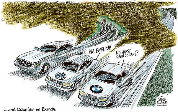  Oliver Schopf, politischer Karikaturist aus Österreich, politische Karikaturen, Illustrationen Archiv politische Karikatur Deutschland Autoindustrie 2017
: ABGASE MANIPULATION STICKOXIDE DAIMLER VW BMW EMISSIONEN AUTOMOBIL MERCEDES  
